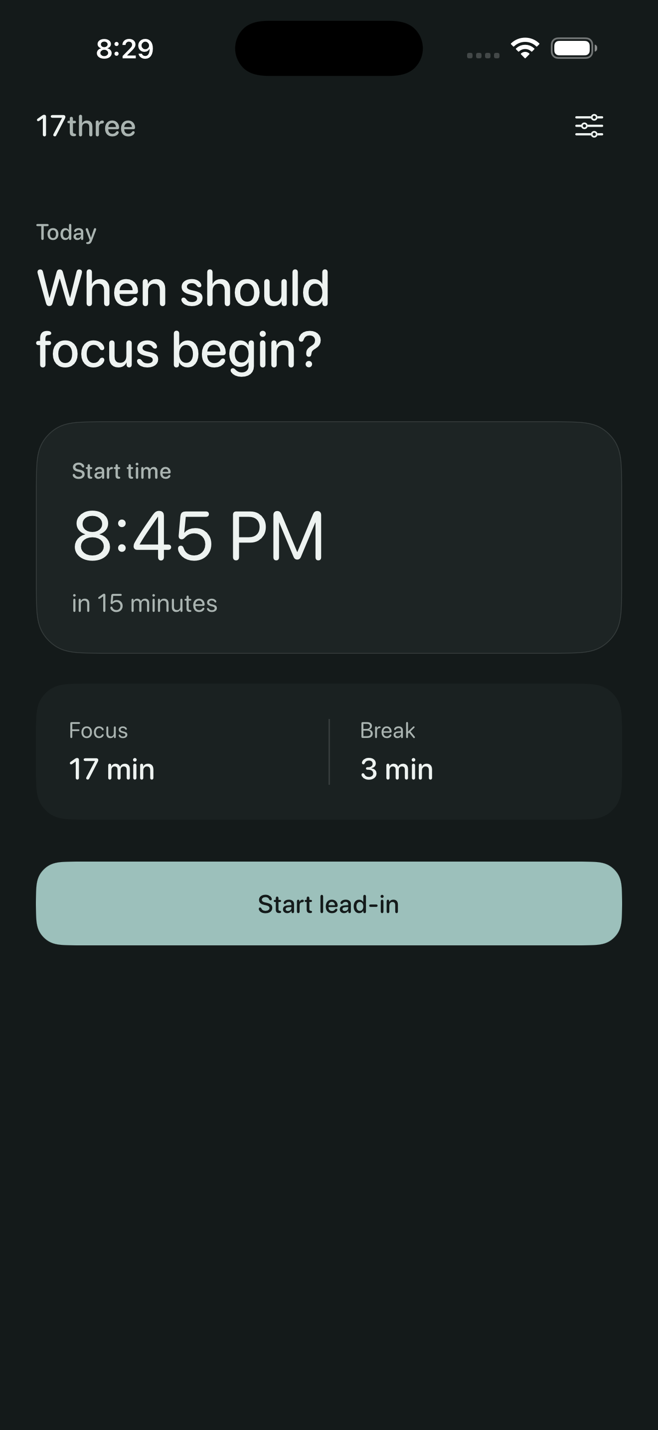 17three start screen set for an 8:45 PM focus session with a 17 minute focus and 3 minute break